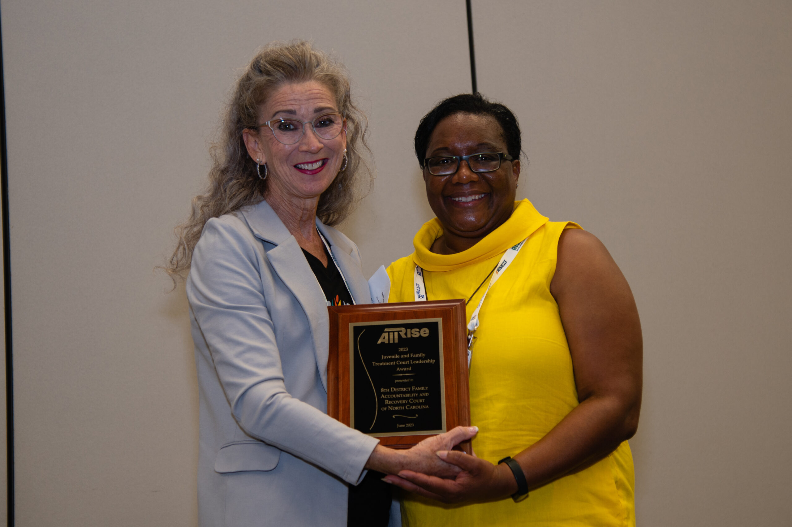 Presiding judge Elizabeth Heath accepts the award from All Rise Chief of Training and Research Carolyn Hardin.